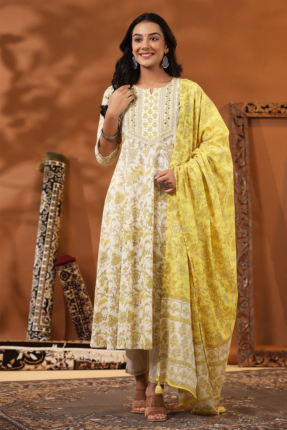 Cream & Lemon Yellow Color Floral Printed Cotton Anarkali Suit