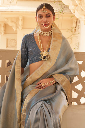 Grey Color Organza Silk Woven Saree