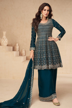 Teal Color Crepe Embroidered Suit With Palazzo