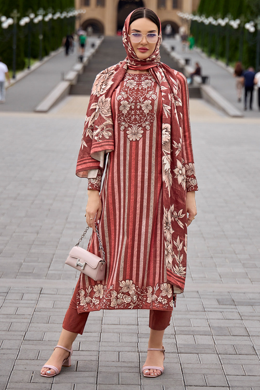 Brown Color Strips And Floral Printed Spun Unstitched Suit Fabric