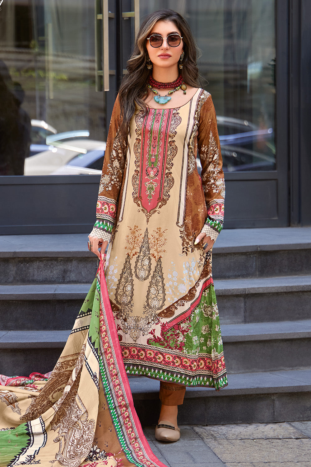 Beige & Brown Color Digital Printed Spun Unstitched Suit Material