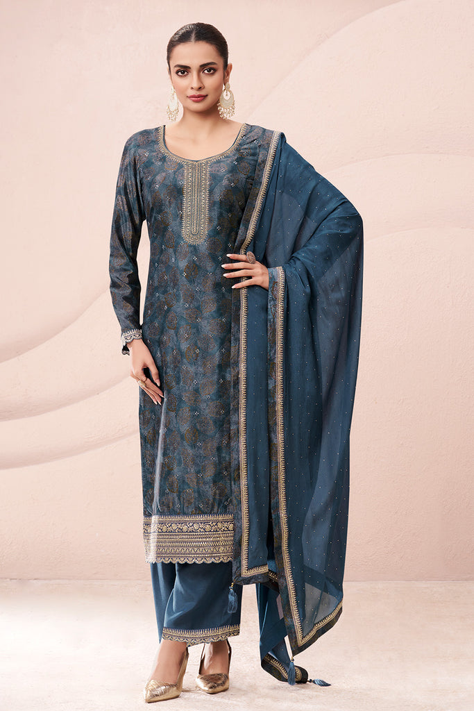 Navy Color Chinon Silk Printed and Embroidered Unstitched Suit Material