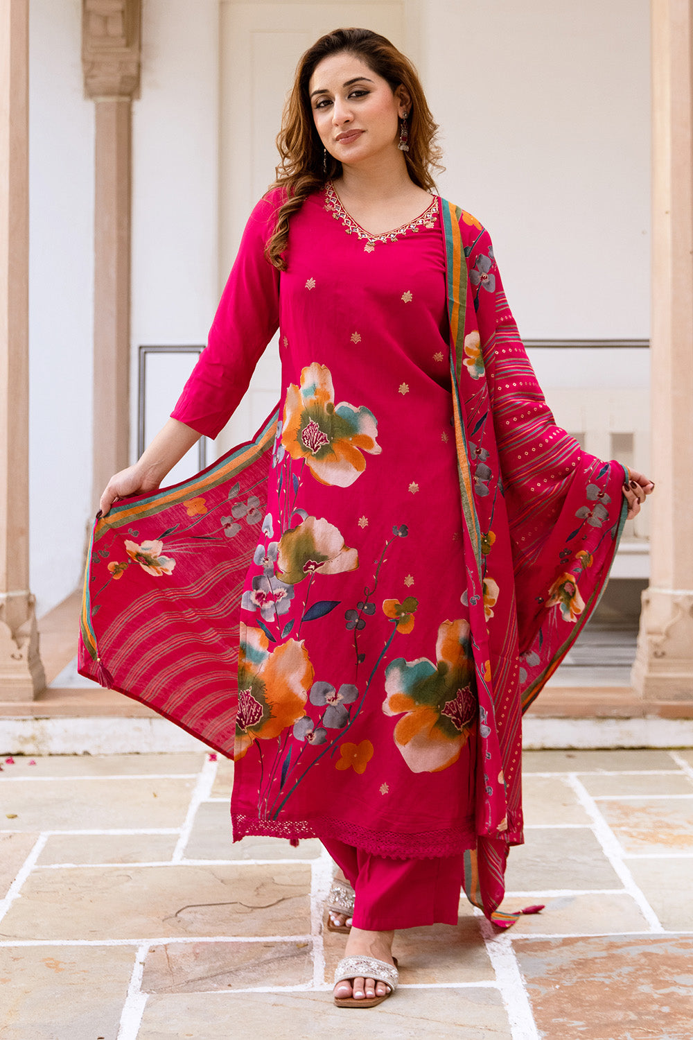 Raspberry Color Floral Printed Muslin Suit