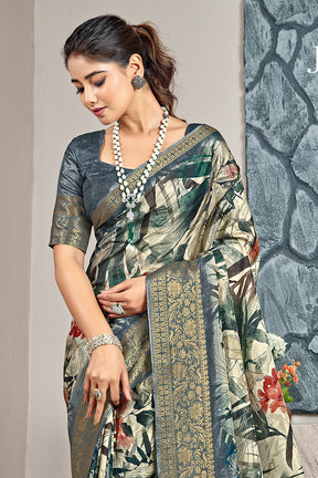 Grey Color Printed & Woven Modal Silk Saree