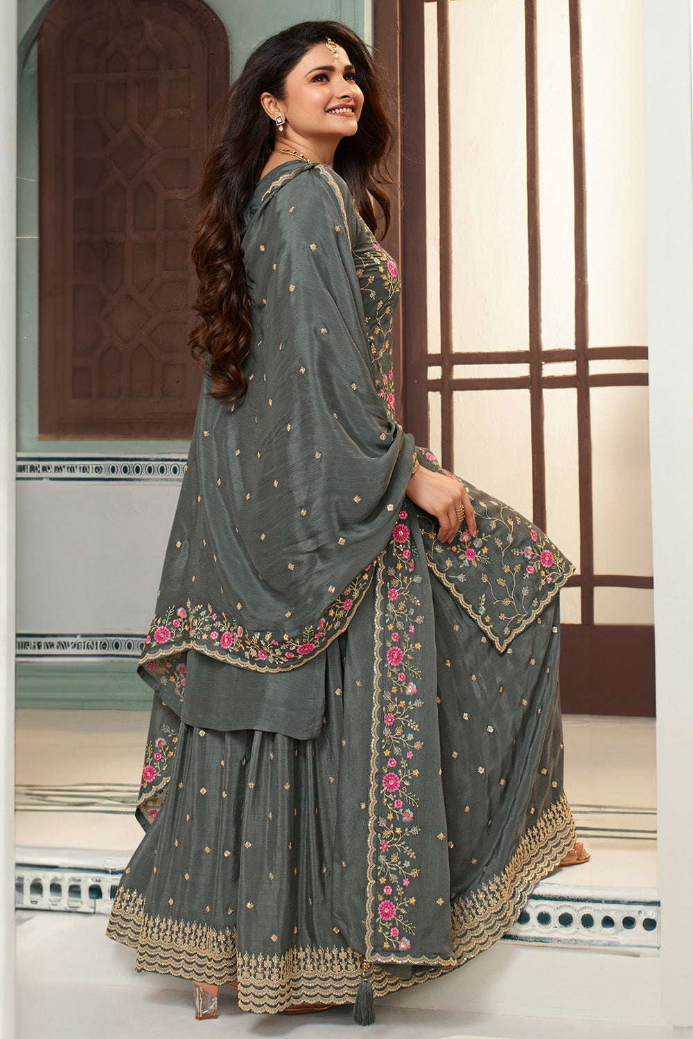 Grey Color Embroidered Crepe Unstitched Suit Material With Stitched Sharara