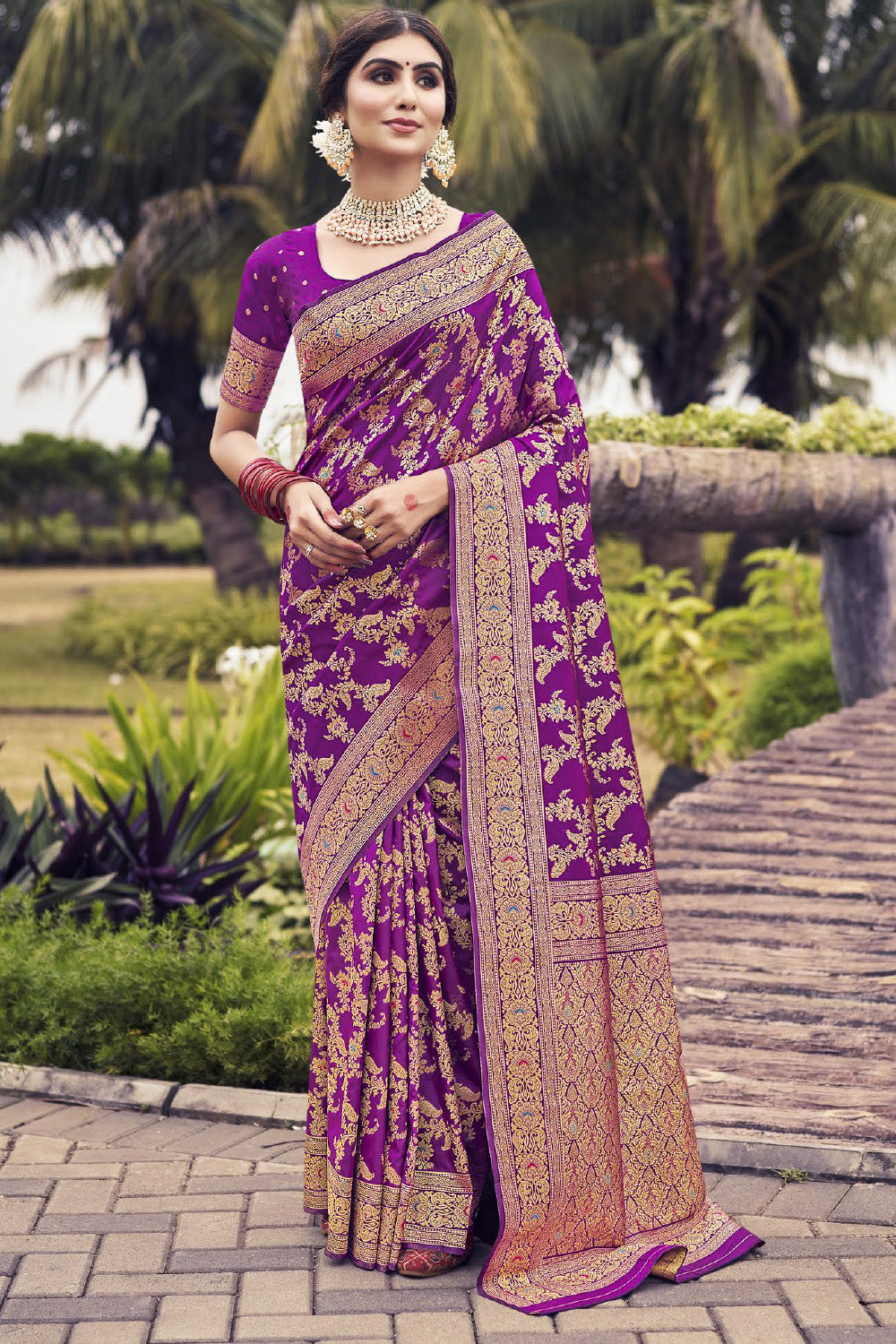 Purple Color Pathani Work Banarasi Silk Saree