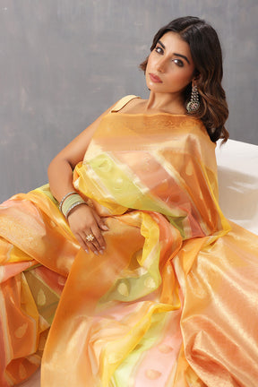 Orange Color Color Organza Golden Zari Woven Saree