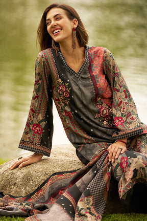 Black Colour Resham Embroidered And Printed Unstitched Suit