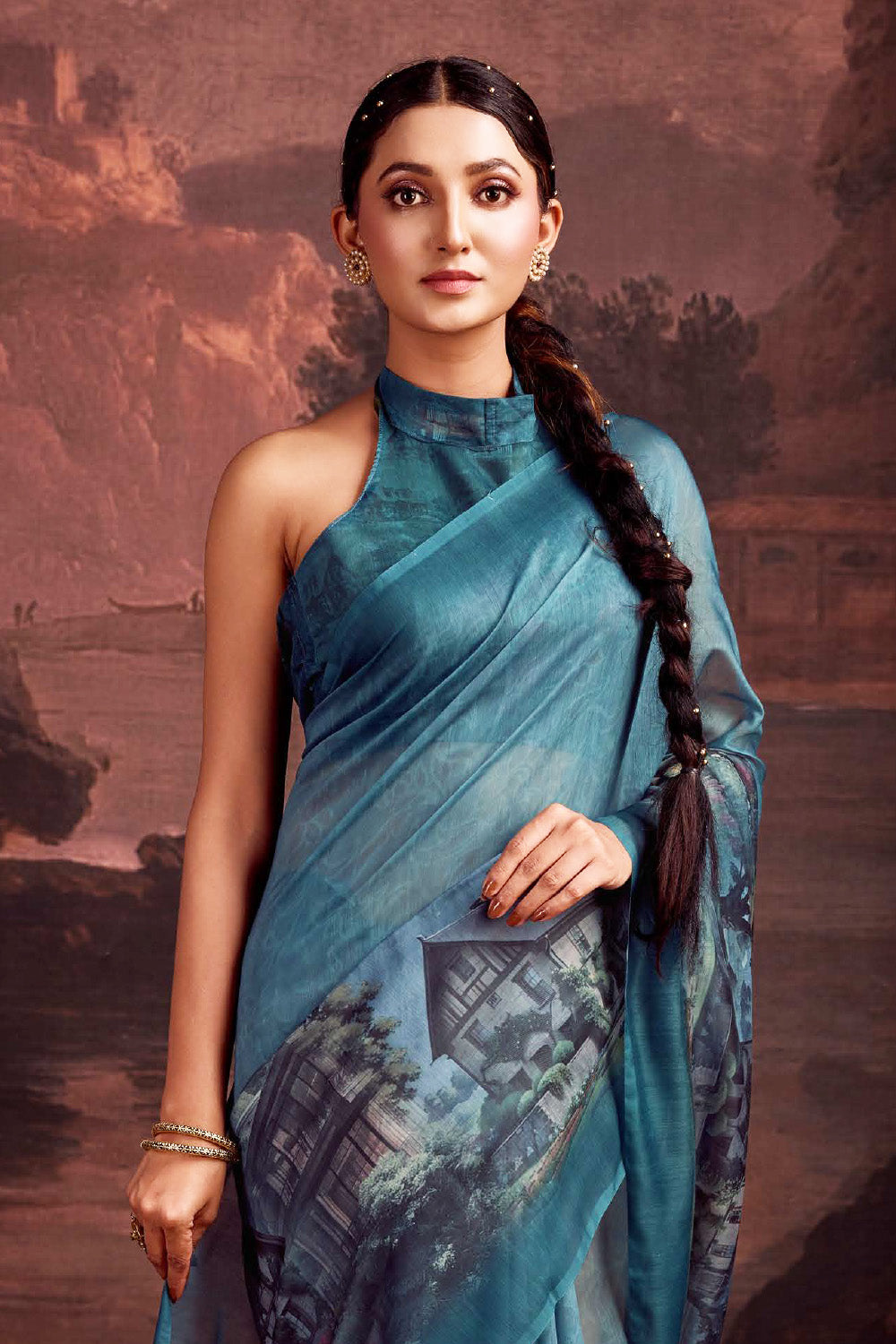 Smalt Blue Color Printed Chanderi Cotton Saree