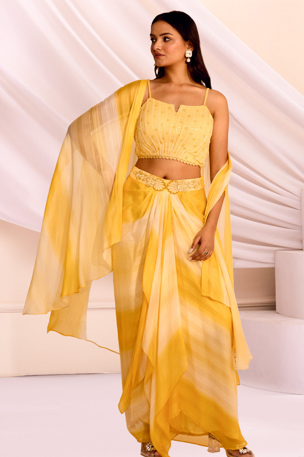 Pale Yellow Color Chinon Crop-Top with shrug and Dhoti Style Skirt Set