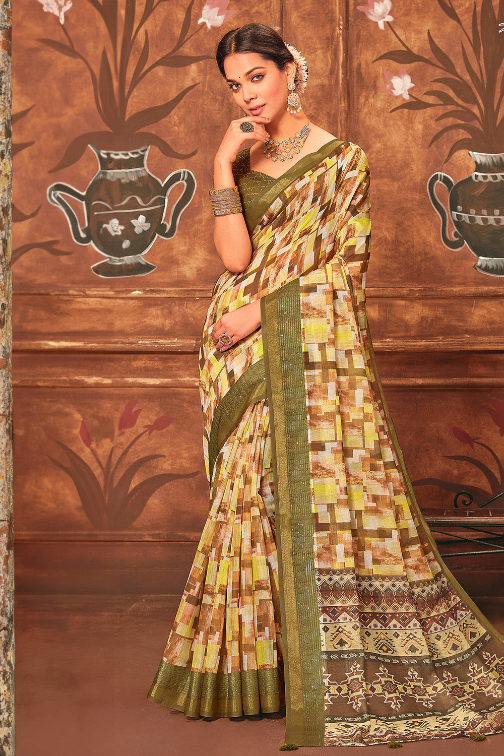 Yellow & Olive Green Color Digital Printed Cotton Saree