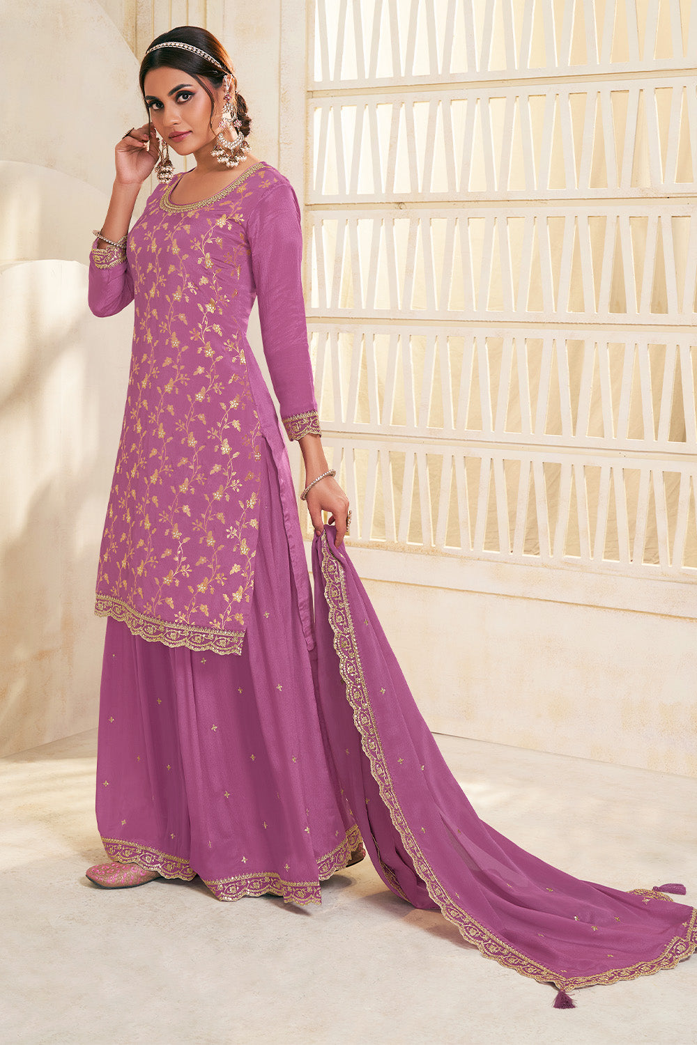 Light Plum Color Crepe Woven Suit With Sharara