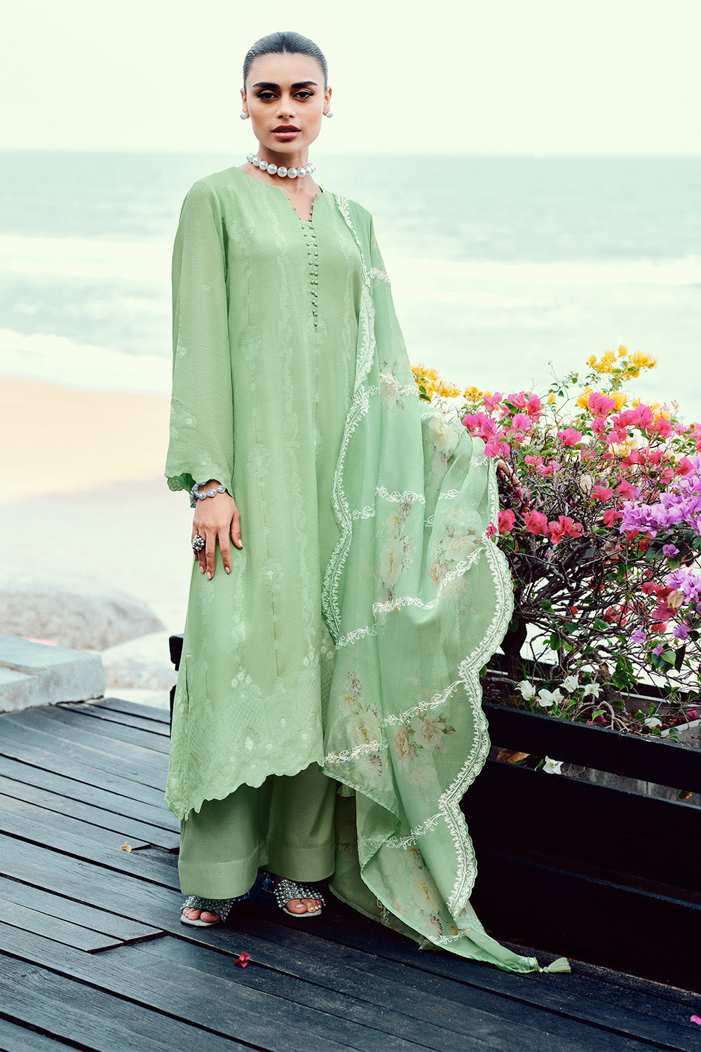 Sea Green Color Jacquard Cotton Self Woven Unstitched Suit Material