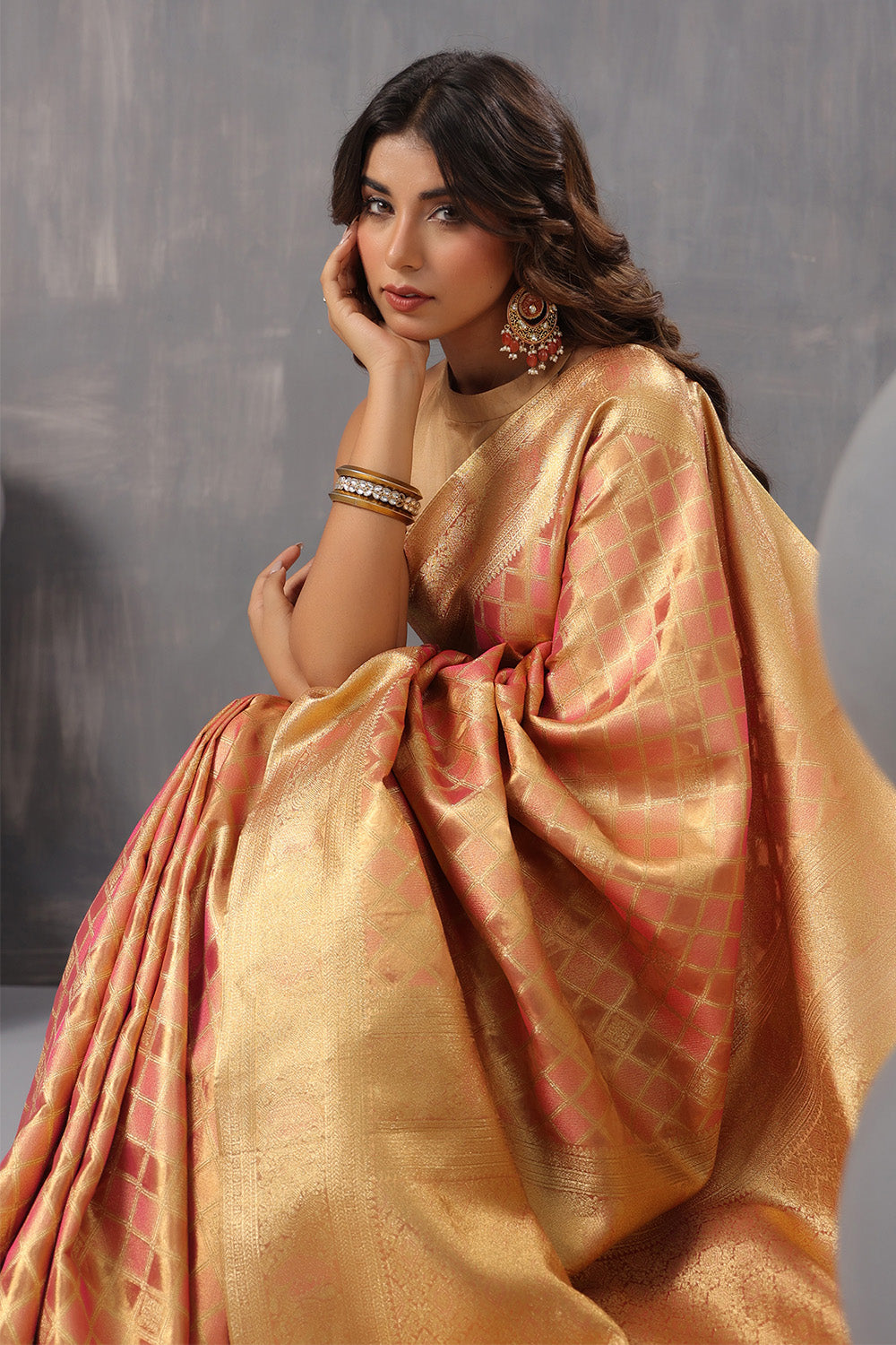 Golden & Coral Color Silk Woven Saree