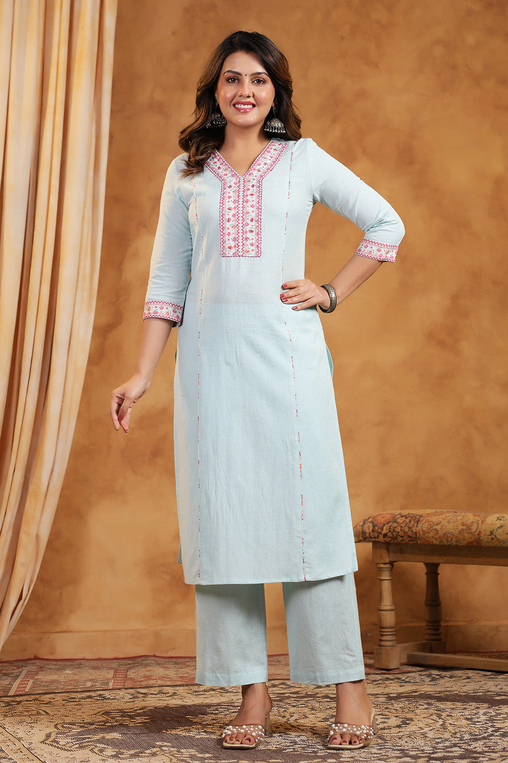 Light Blue Color Cotton Straight Suit