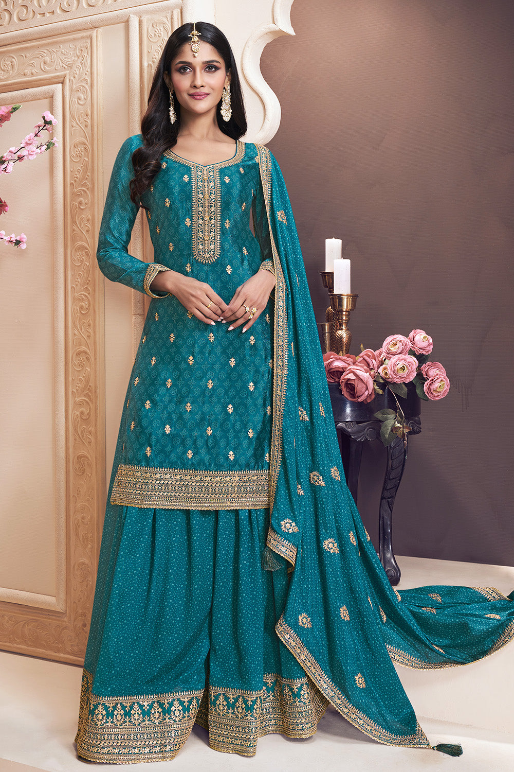 Blue Color Bandhani Printed & Embroidered Crepe Silk Unstitched Suit Material With Readymade Palazzo