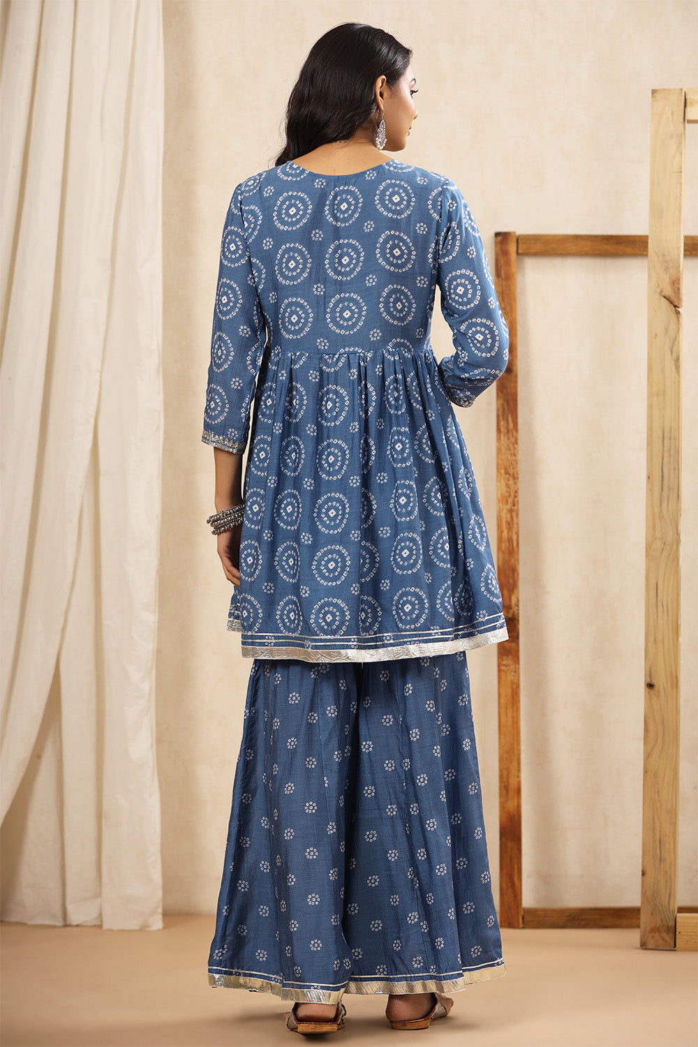 Blue Bayoux Color Crepe Silk Bhandhani Printed Alia-Cut Suit With Gharara