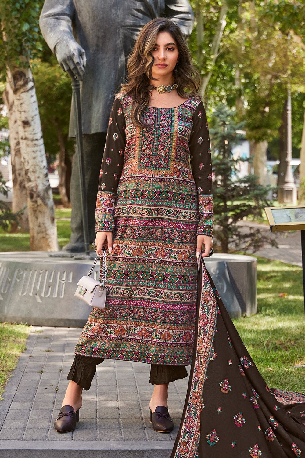 Brown Color Printed Spun Fabric Unstitched Suit