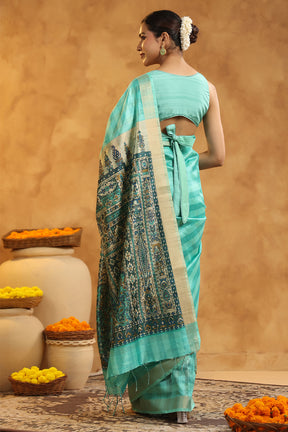 Turquoise Color Cotton Printed Saree