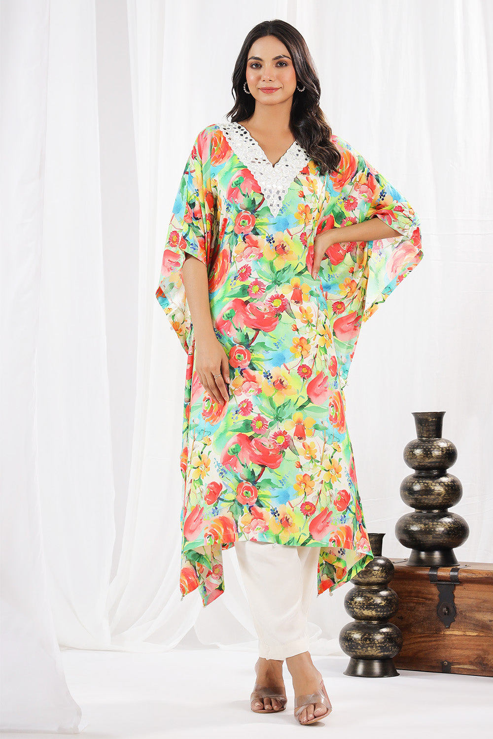 Green Color Muslin Printed Kaftan Set