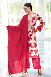 Red Color Floral Cotton Printed Unstitched Suit Fabric