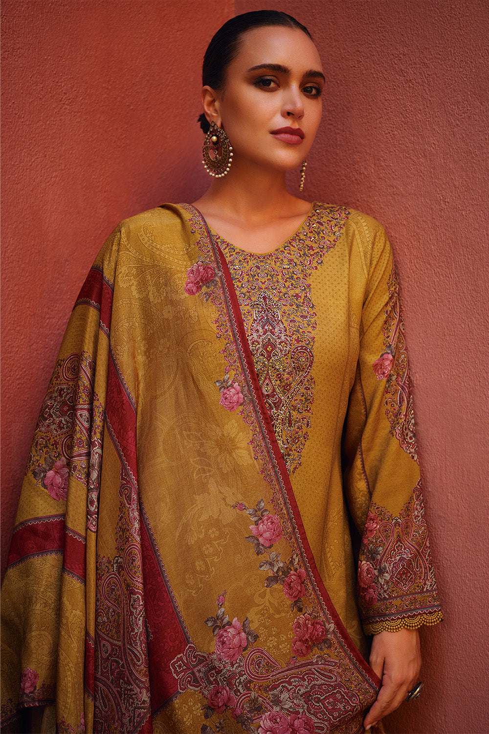 Mustard Color Spun Printed & Embroidered Unstitched Suit