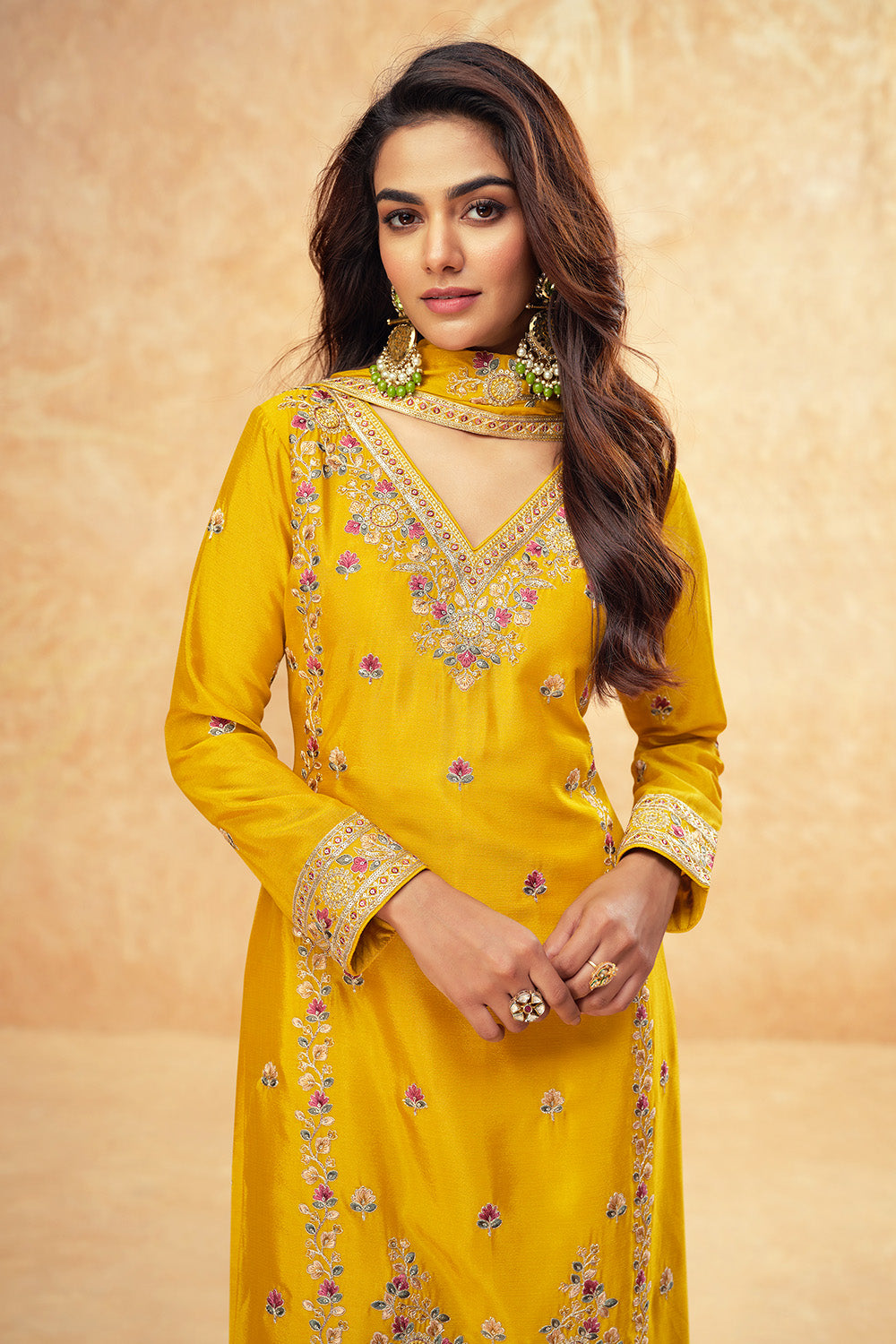 Mustard Color Crepe Silk Embroidered Suit With Embroidered Palazzo