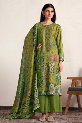 Green Color Spun Embroidered and Printed Unstitched Suit Material