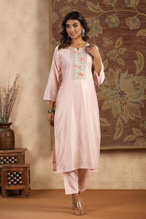 Light Pink Color Chanderi Neck Embroidered Suit