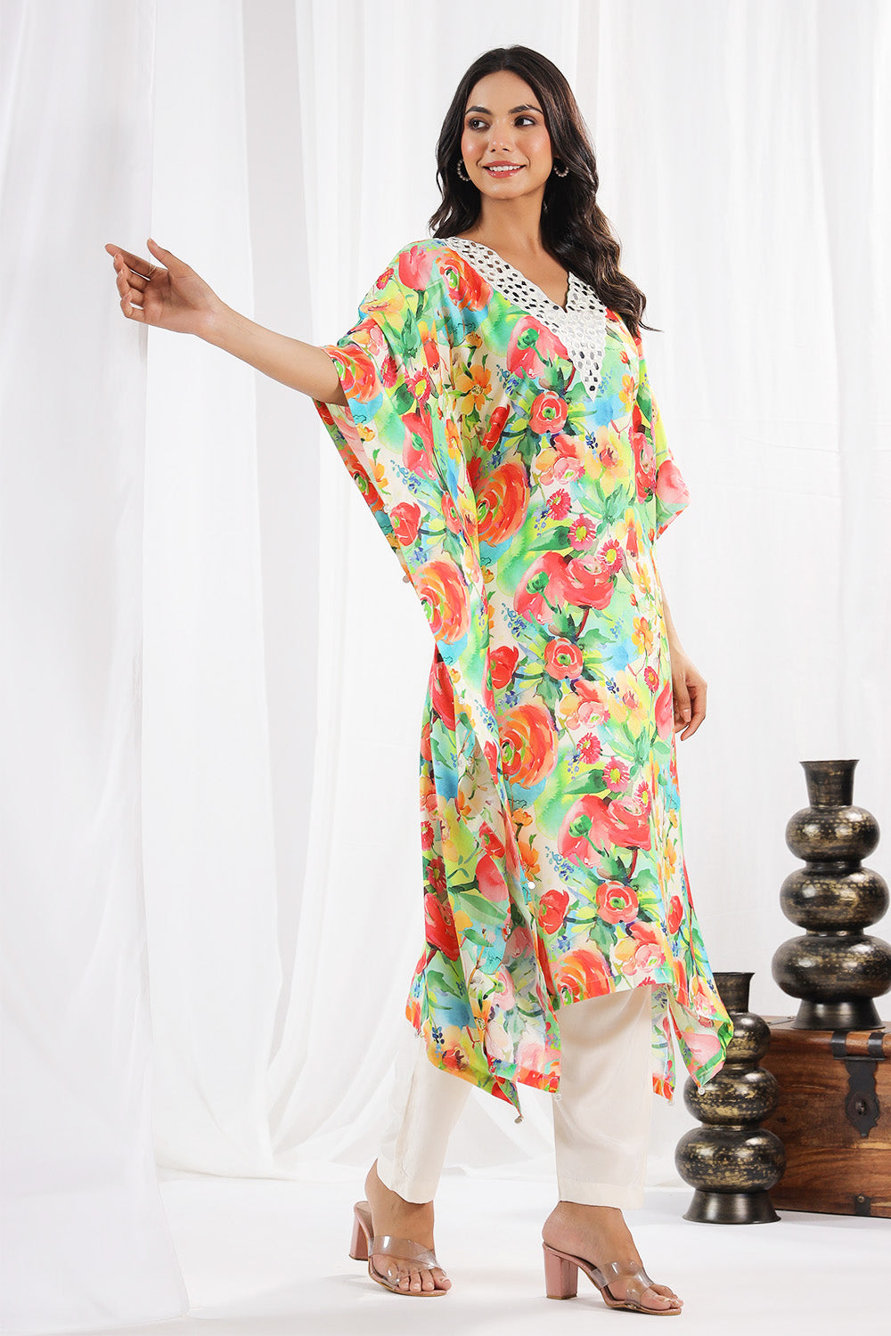 Green Color Muslin Printed Kaftan Set