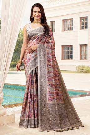 Beige & Magenta Color Cotton Silk Printed Saree