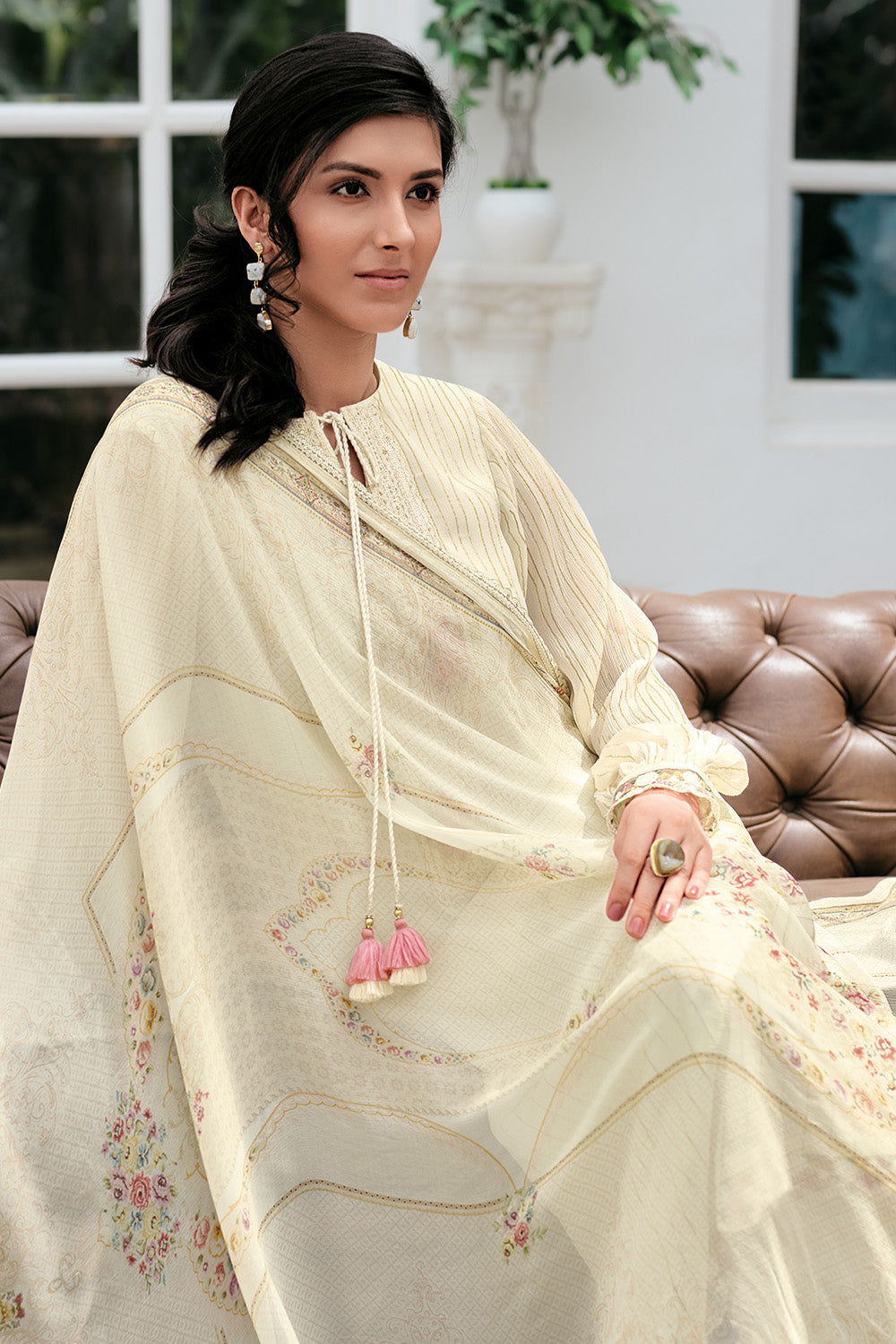 Cream Color Silk Resham Embroidered Unstitched Suit Material
