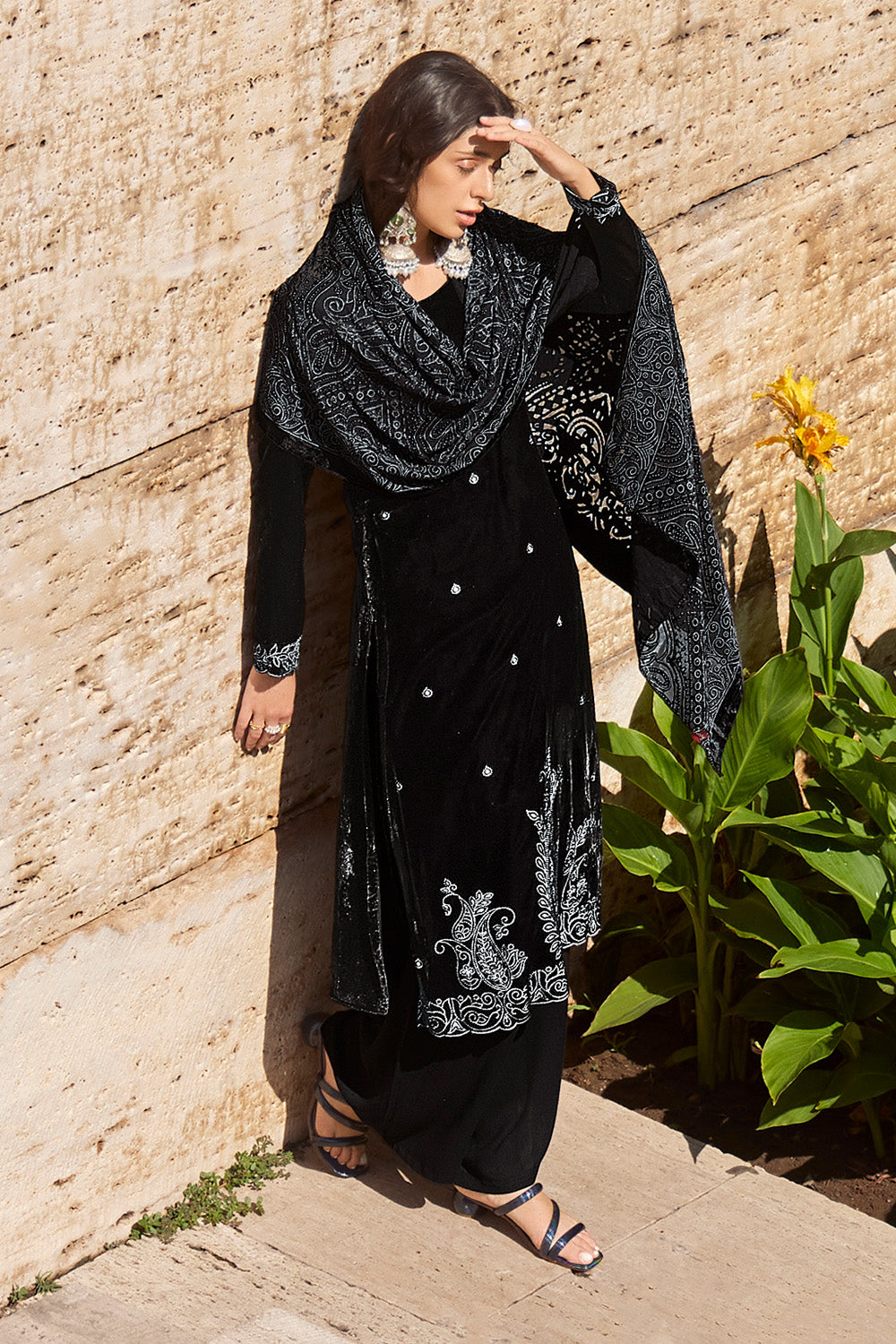 Black Colour Velvet Resham Embroidered Unstitched Suit Material