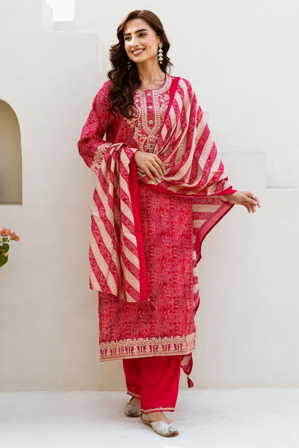 Fuchsia Pink Printed & Neck Embroidered Straight Suit