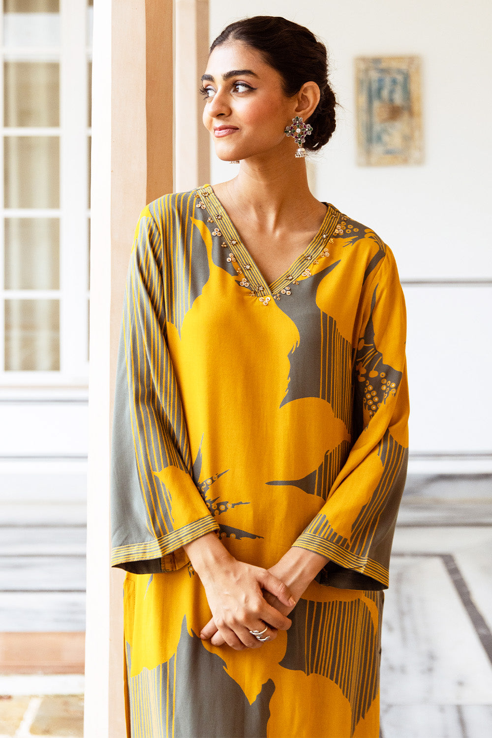 Mustard Color Floral Rayon Printed Kurta Set With Palazzo