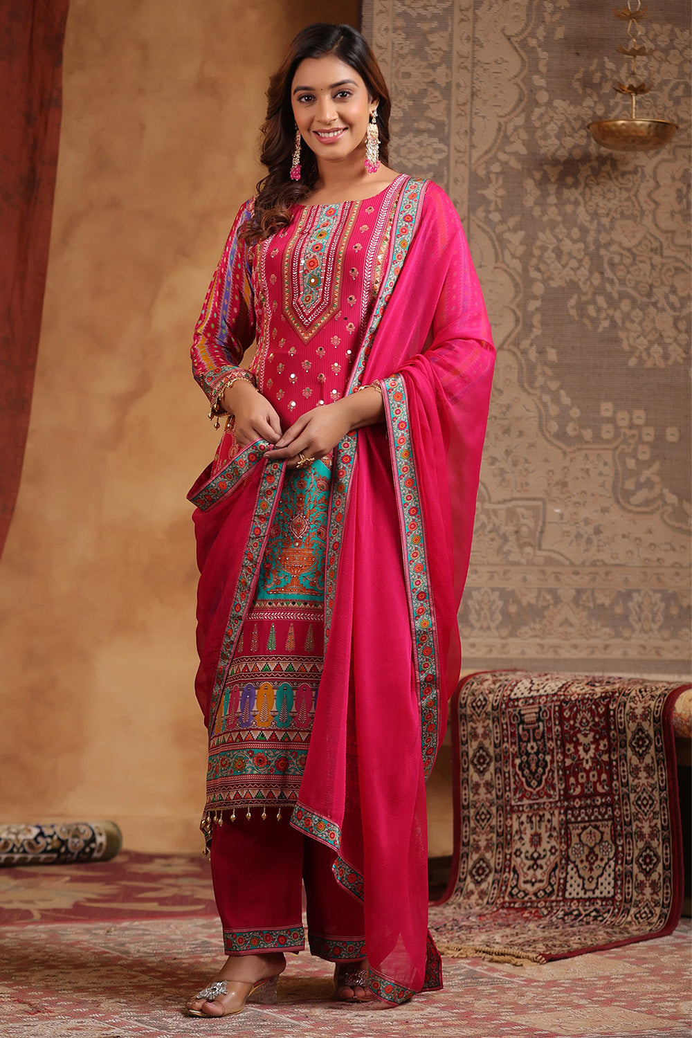 Magenta Pink  Color Crepe Printed Suit