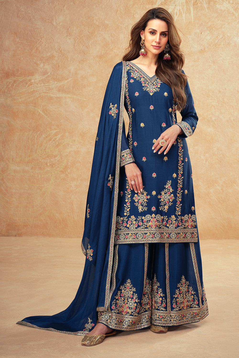 Navy Color Crepe Silk Embroidered Suit With Embroidered Palazzo