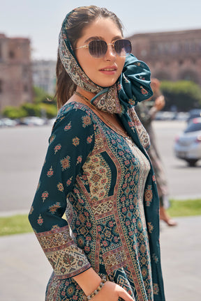 Teal Blue Color Pashmina Printed Unstitched Suit Material