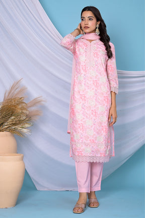 Pink Color Cotton Hakoba Style Printed Straight Suit