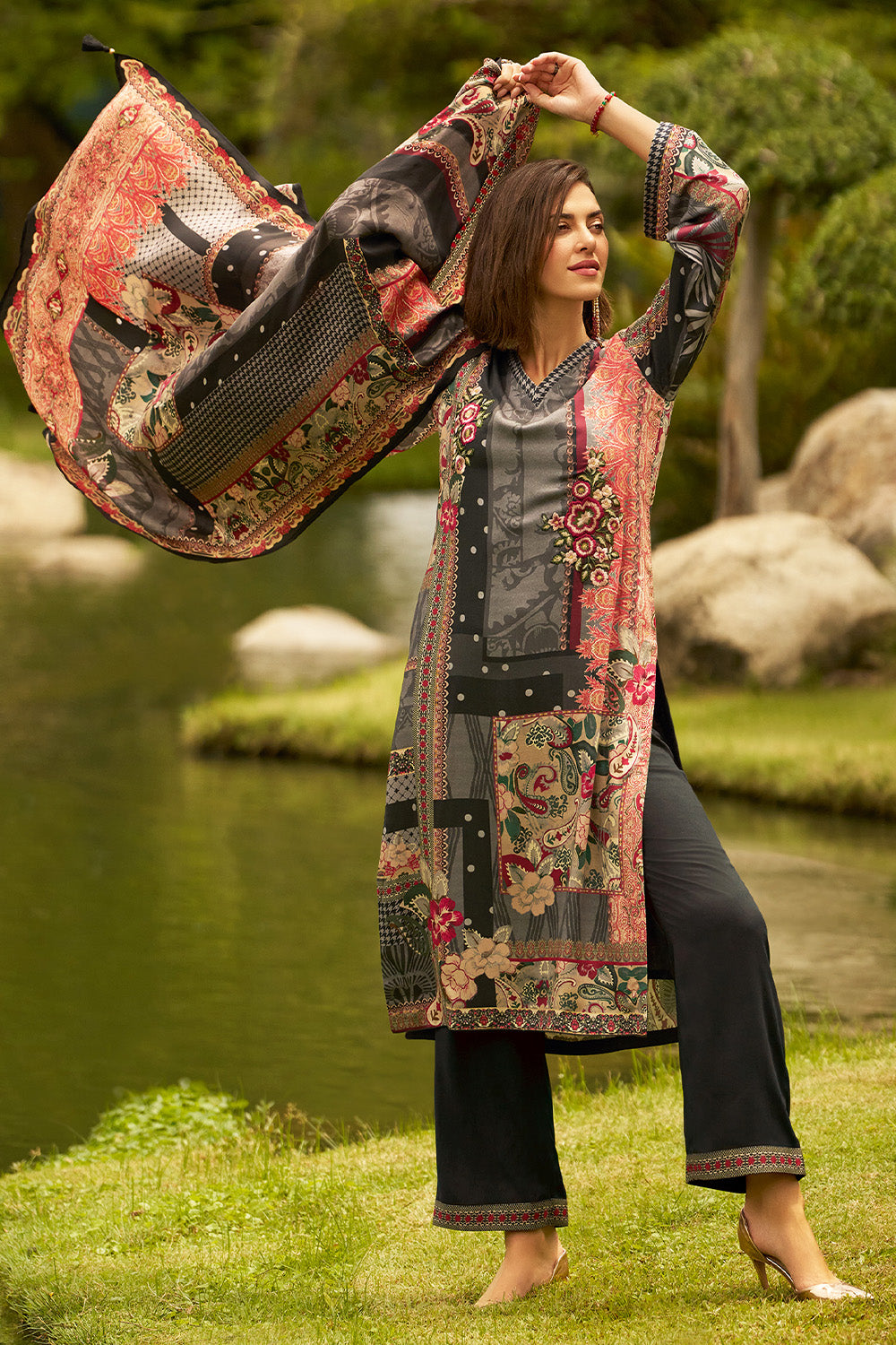 Black Colour Resham Embroidered And Printed Unstitched Suit