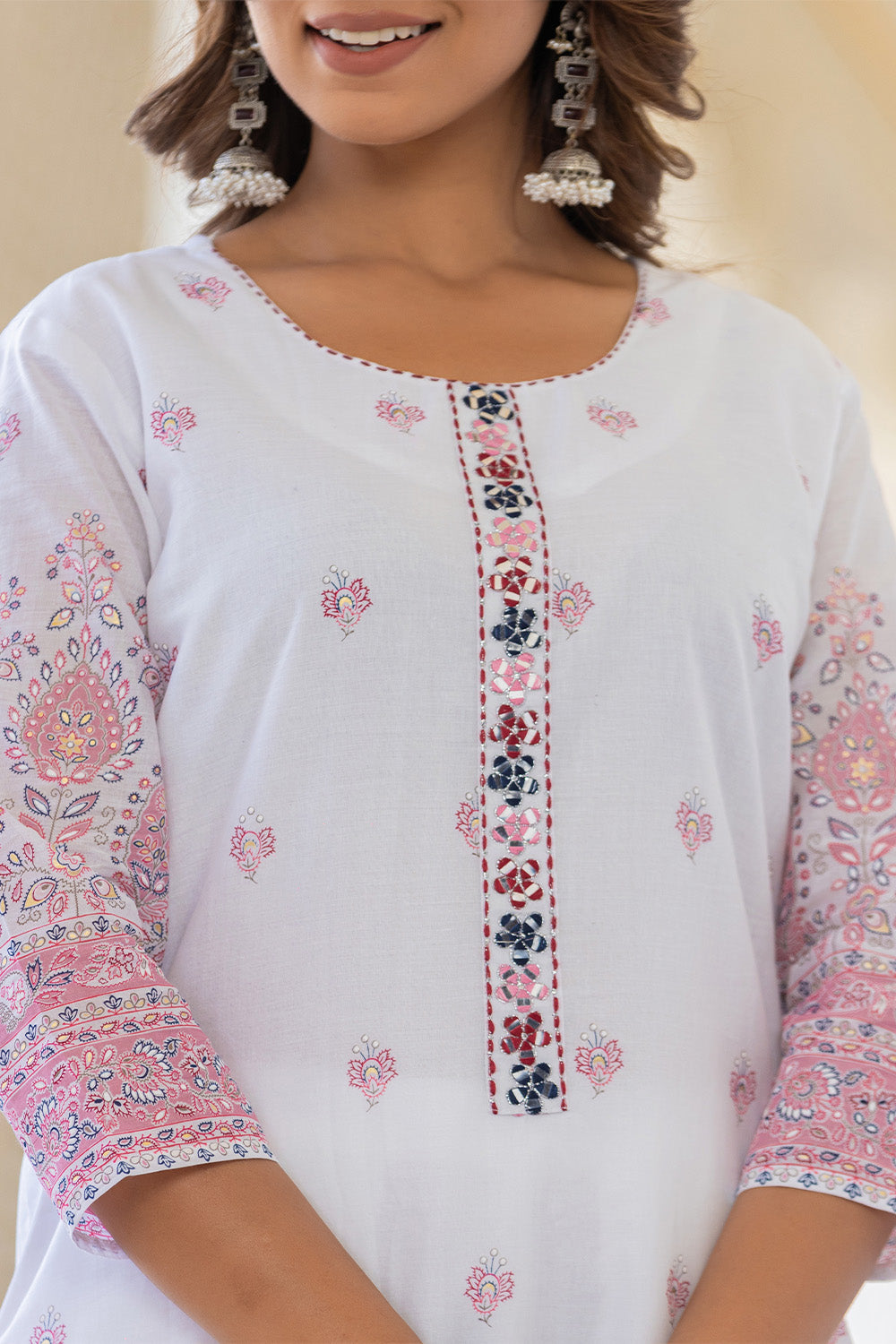 White & Pink Color Printed Cotton Suit