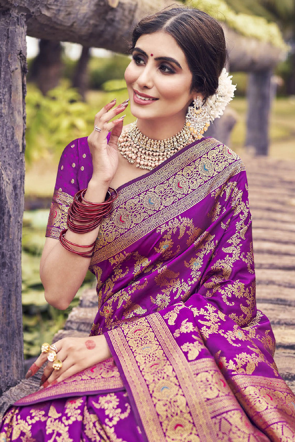 Purple Color Pathani Work Banarasi Silk Saree