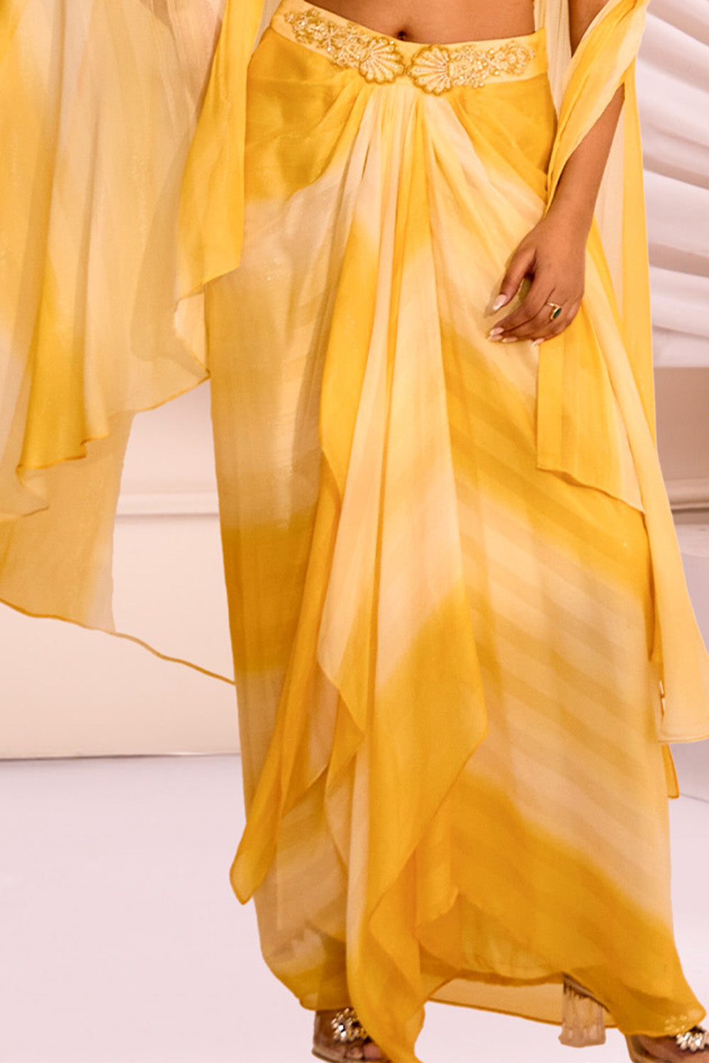 Pale Yellow Color Chinon Crop-Top with shrug and Dhoti Style Skirt Set