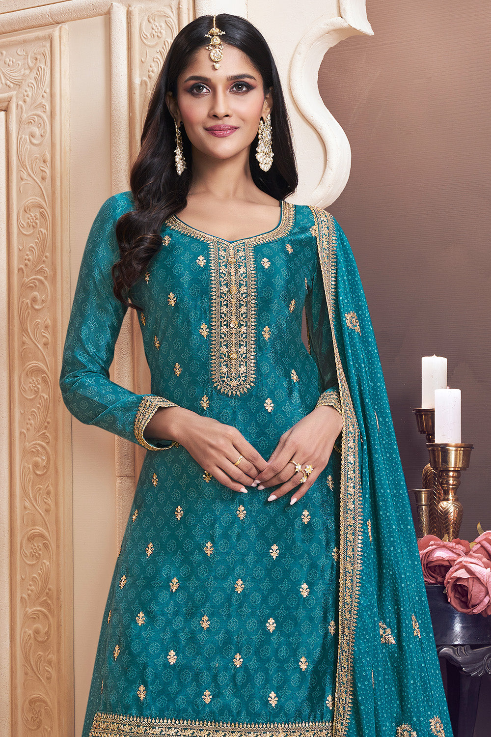 Blue Color Bandhani Printed & Embroidered Crepe Silk Unstitched Suit Material With Readymade Palazzo