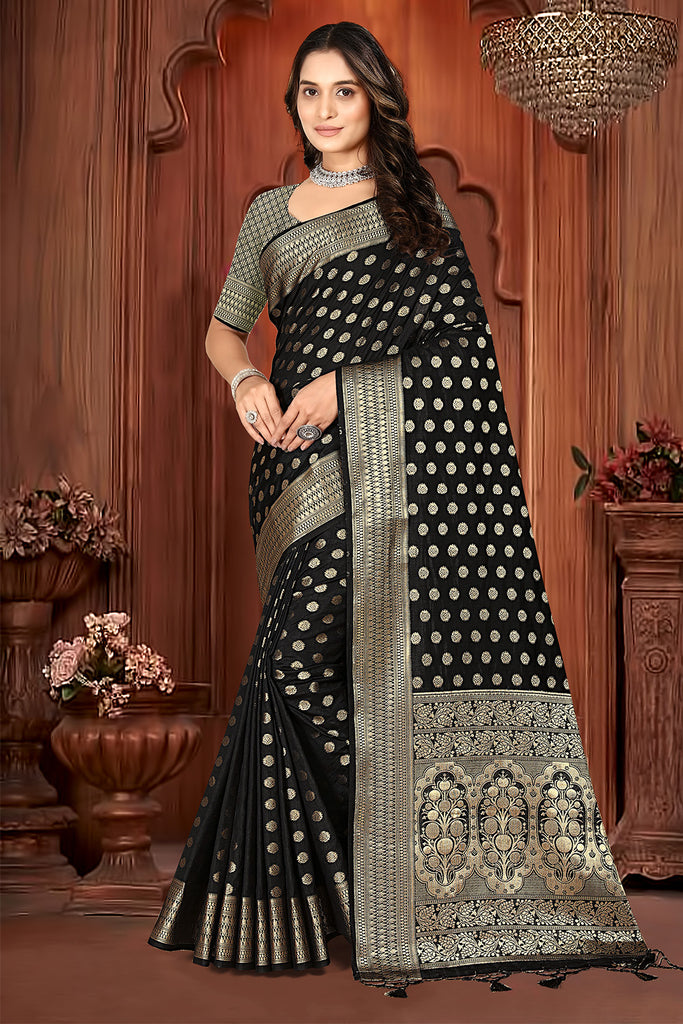 Black Color Woven Cotton Silk Saree