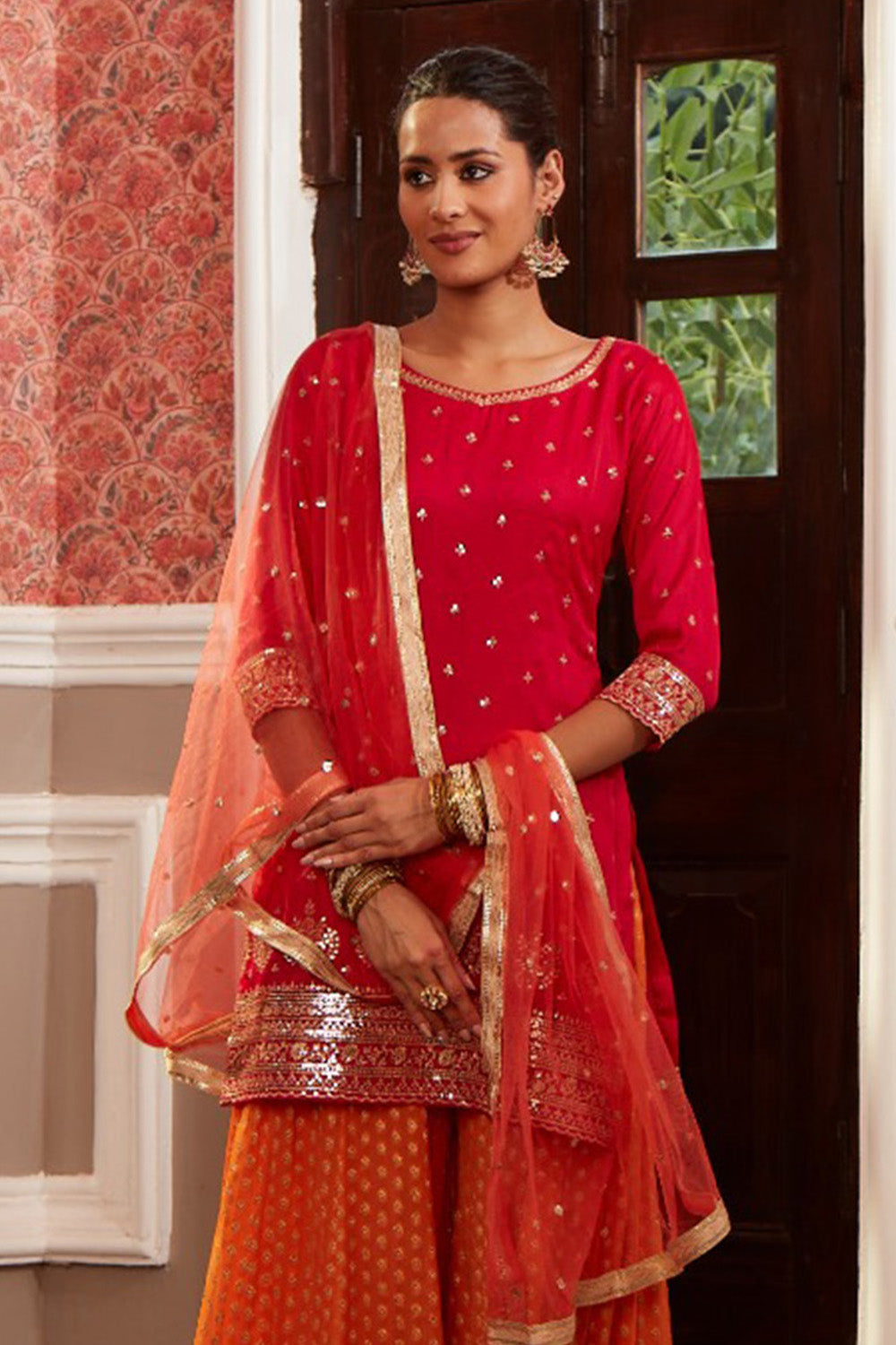 Fuchsia Pink Color Silk Embroidered Suit With Sharara