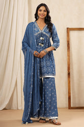 Blue Bayoux Color Crepe Silk Bhandhani Printed Alia-Cut Suit With Gharara