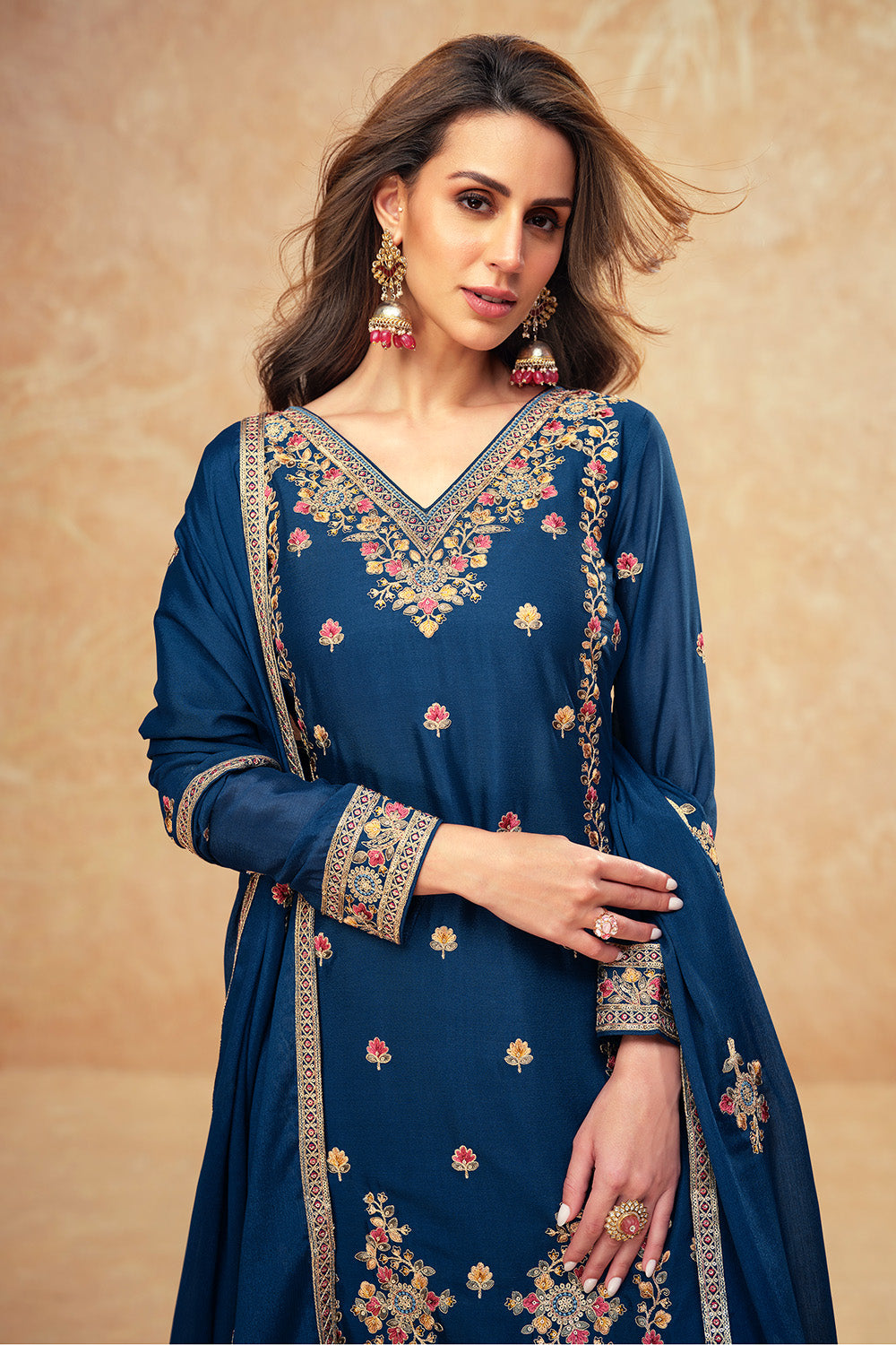 Navy Color Crepe Silk Embroidered Suit With Embroidered Palazzo