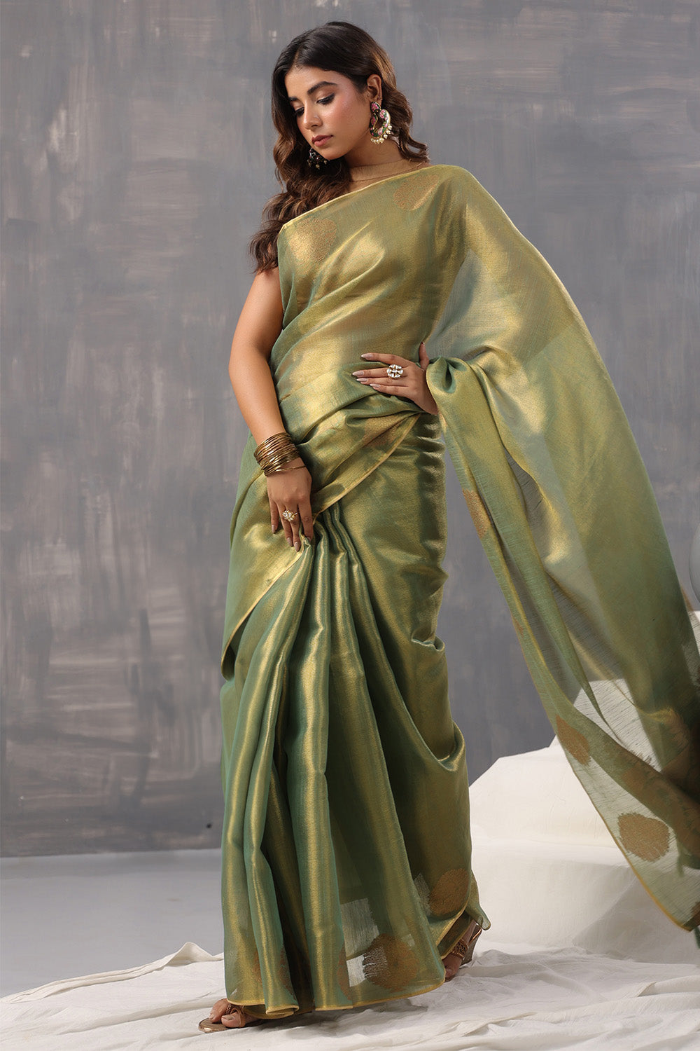 Green Color Organza Cotton Golden Zari Woven Saree