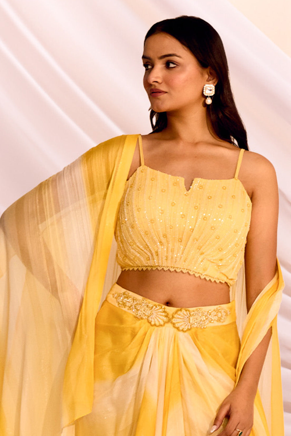 Pale Yellow Color Chinon Crop-Top with shrug and Dhoti Style Skirt Set